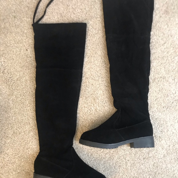 CLEARANCE RESTOCK Vegan Suede Velvet Black Sexy Flat Over Knee Line Boots - Picture 10 of 11